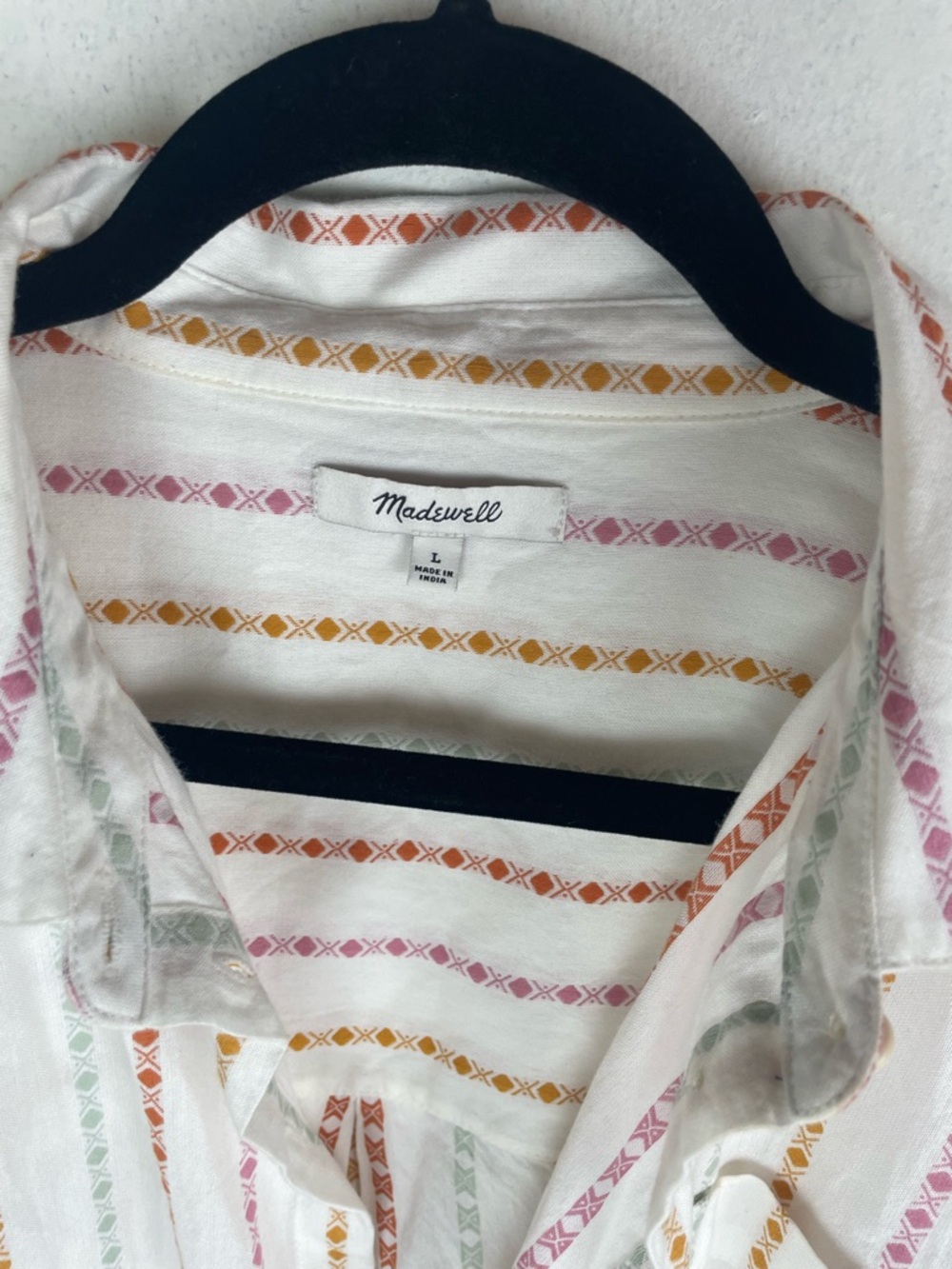 Madewell White Short-Sleeve Button-Down with Red, Gold, and Green Stripes - Picture 2 of 5